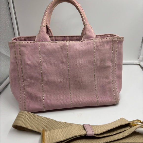 Authentic PRADA Canapa 2way Handbag Tote bag w/shoulder Strap baby pink Canvas - Picture 2 of 12